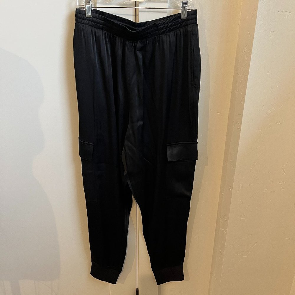 Good American Satin Jogger Cargo. Drawstring, Black, Size 4(XL)